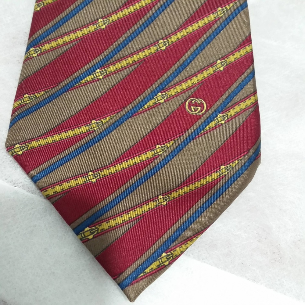 GUCCI MEN'S FANCY RED/BROWN STRIPED TIE - Picture 8 of 8